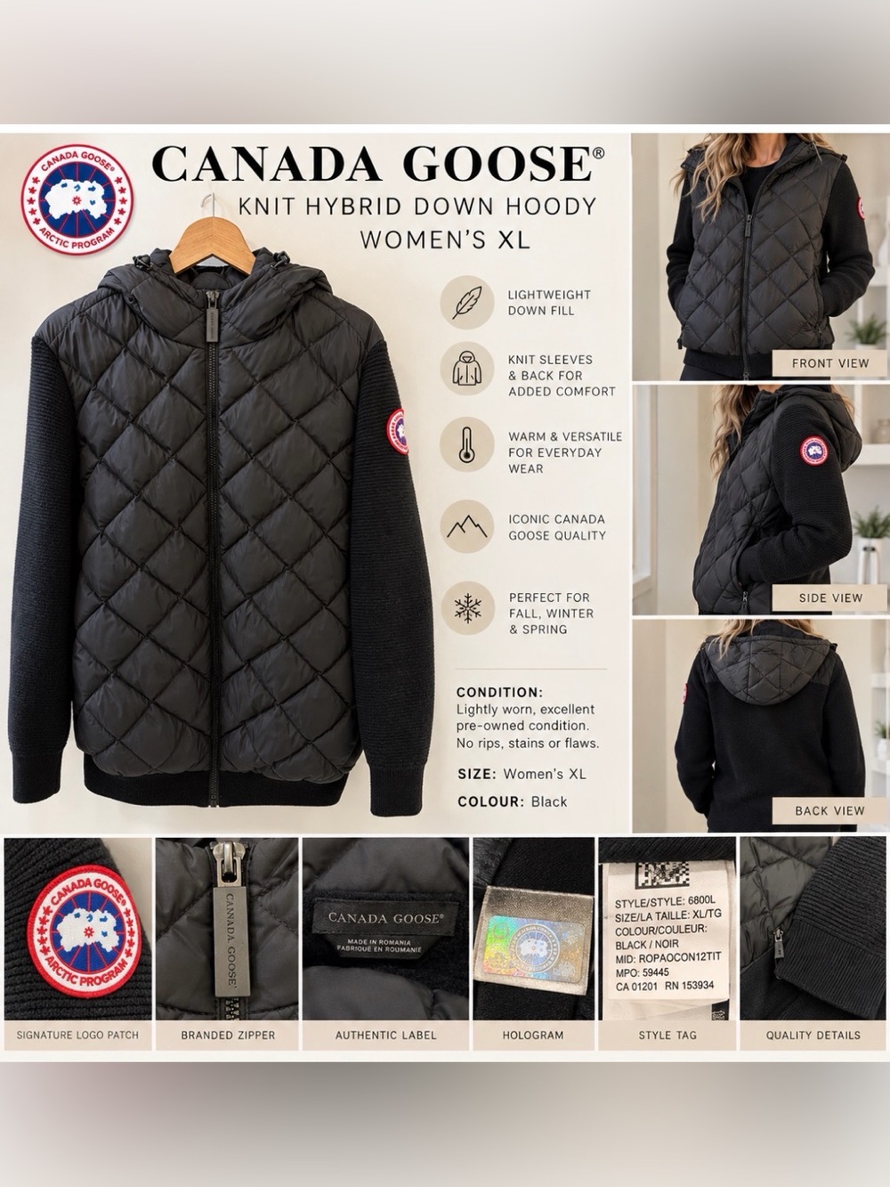 Canada Goose Women’s Knit Hybrid Down Hoody – Black – Size XL